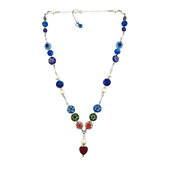 Handmade Millefiori Multicolor Italian Glass Freshwater Pearl 18" Necklace - Picture 2 of 5